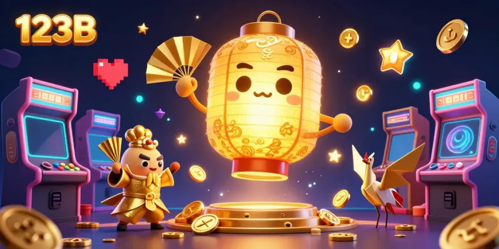 Engaging scene with the 123B lantern spirit surrounded by vibrant gaming elements in a casino.