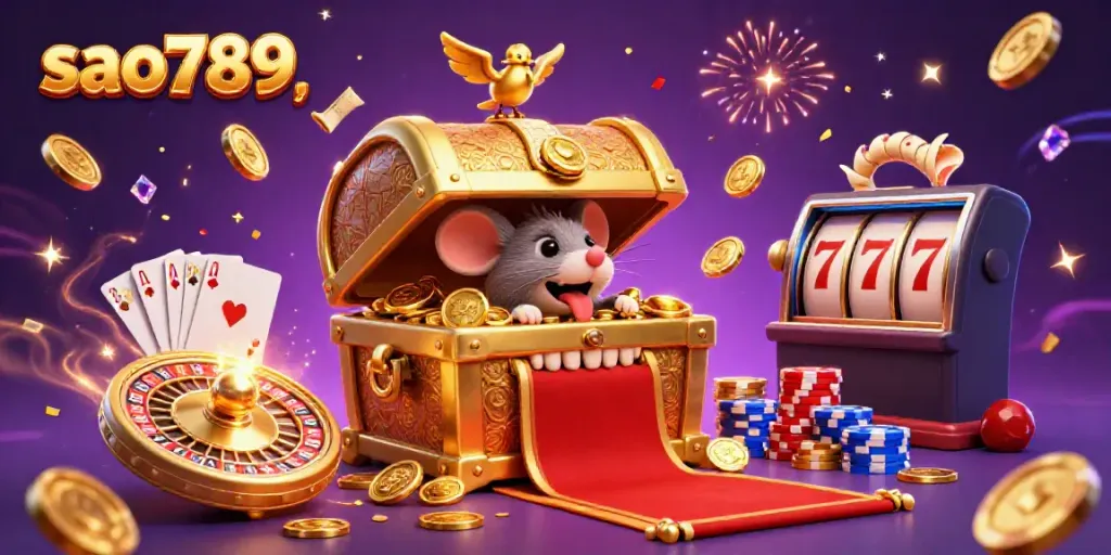 Engage with exciting adventures at sao789, featuring a treasure chest and dynamic casino elements glowing with promise.