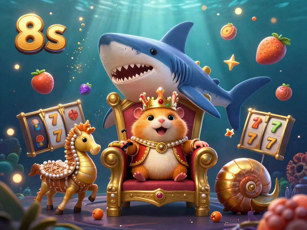Experience the thrill of 8 S slots with a lively scene featuring a hamster king and vibrant game elements.