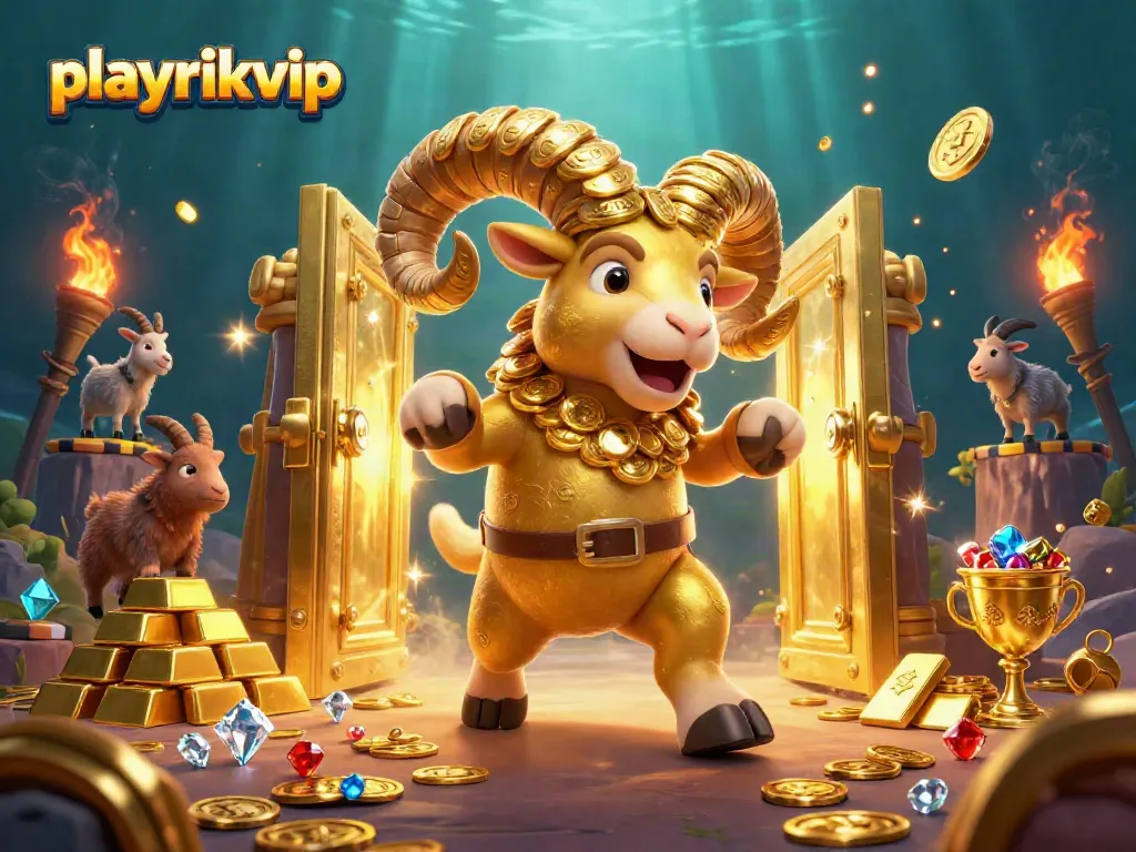 Engage with playrikvip's vibrant 3D illustration of a golden ram charging through a treasure-filled casino realm.