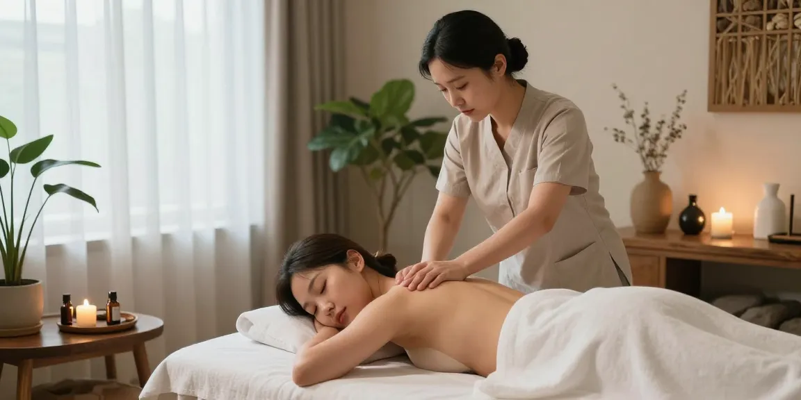 광명출장마사지에서 고객이 편안하게 마사지 받는 모습, 아로마 향과 조화로운 분위기가 특징입니다.