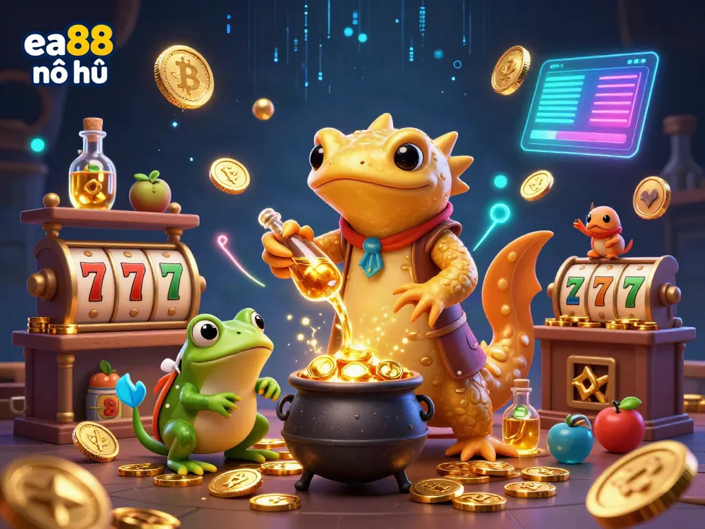 Engage in exciting gameplay at ea88 nổ hũ featuring slots with vibrant characters and golden treasures.