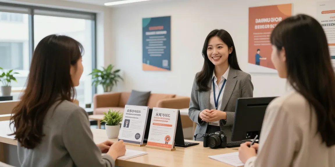 Engaging professional office scene highlighting 오피가이드 services with a friendly reception.