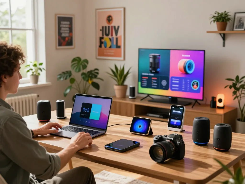 Showcase of trending tech gadgets in a modern home office environment.