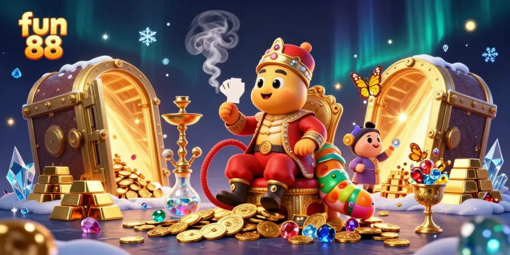 Experience the magical world of fun 88 with vibrant characters and treasures overflowing in this captivating casino scene.