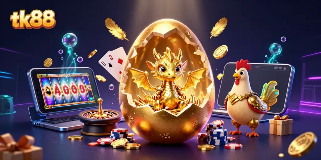 Experience the excitement of tk88 with a 3D illustration of a golden dragon amidst casino elements.