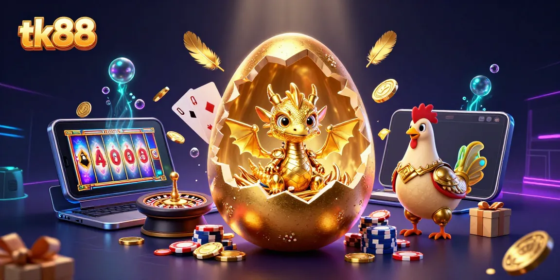 Experience the excitement of tk88 with a 3D illustration of a golden dragon amidst casino elements.