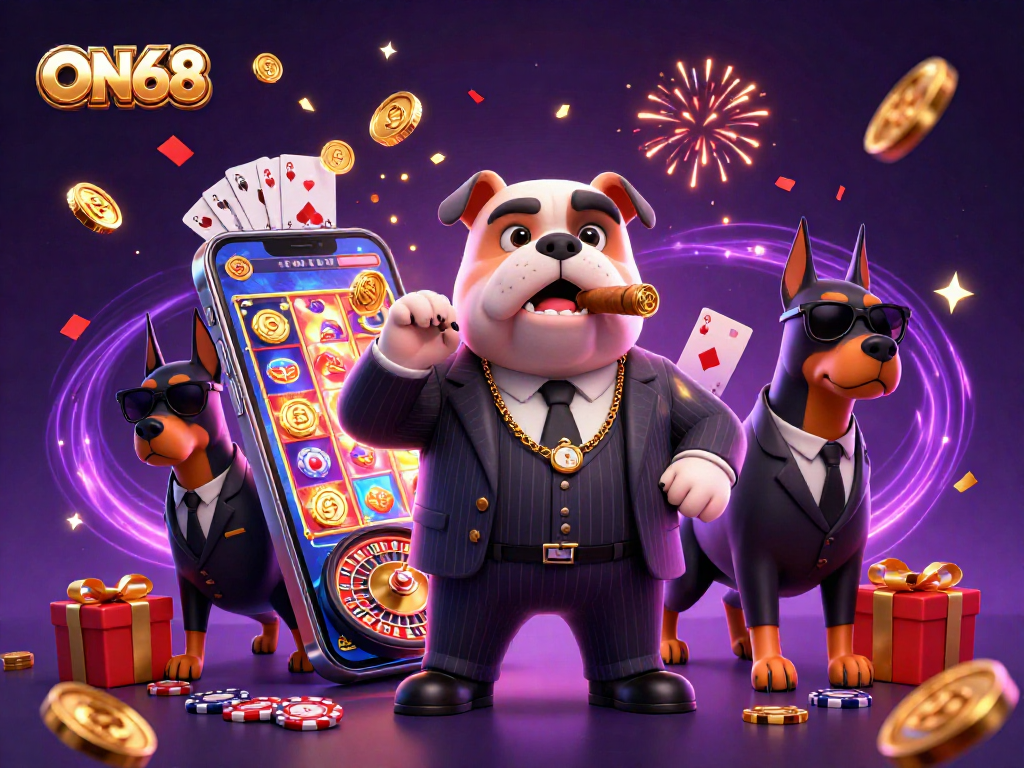 Engaging ON68 casino scene showcasing a charming bulldog mafia boss and dynamic gaming elements.