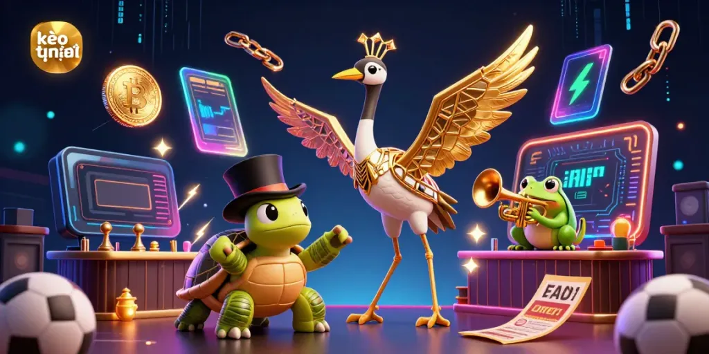 Experience the dynamic world of sports betting with kèo trực tuyến, featuring 3D character interaction and vibrant elements.