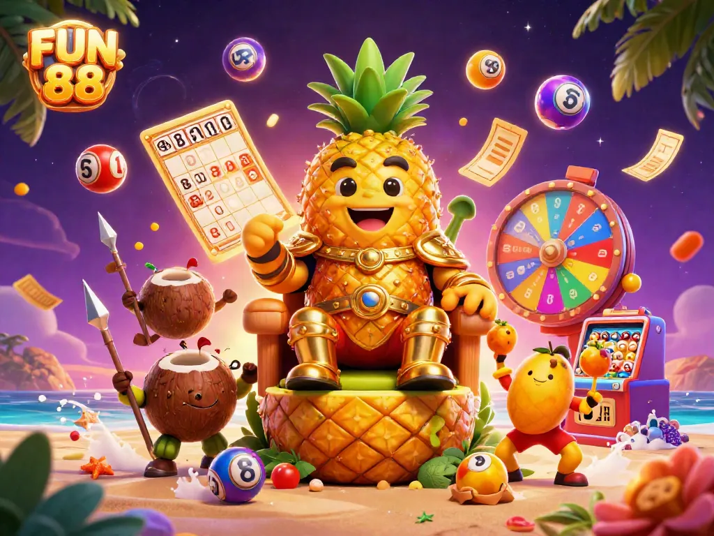 Experience the excitement of FUN 88 with a vibrant casino scene featuring dynamic characters, symbols, and games.