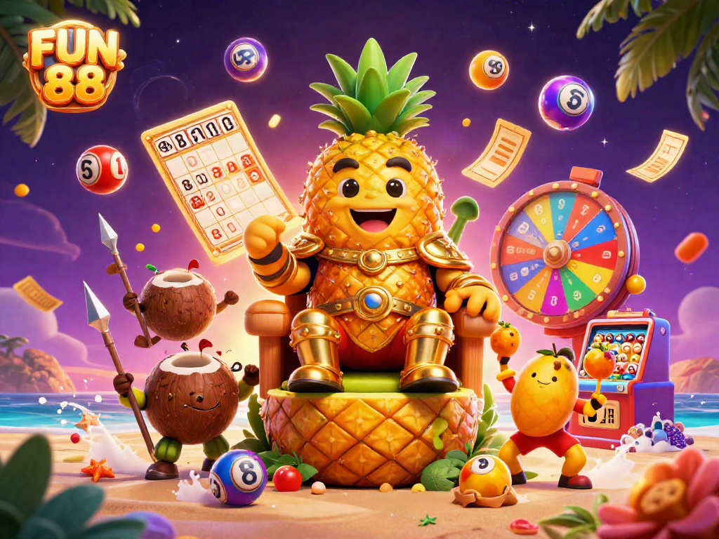 Experience the excitement of FUN 88 with a vibrant casino scene featuring dynamic characters, symbols, and games.