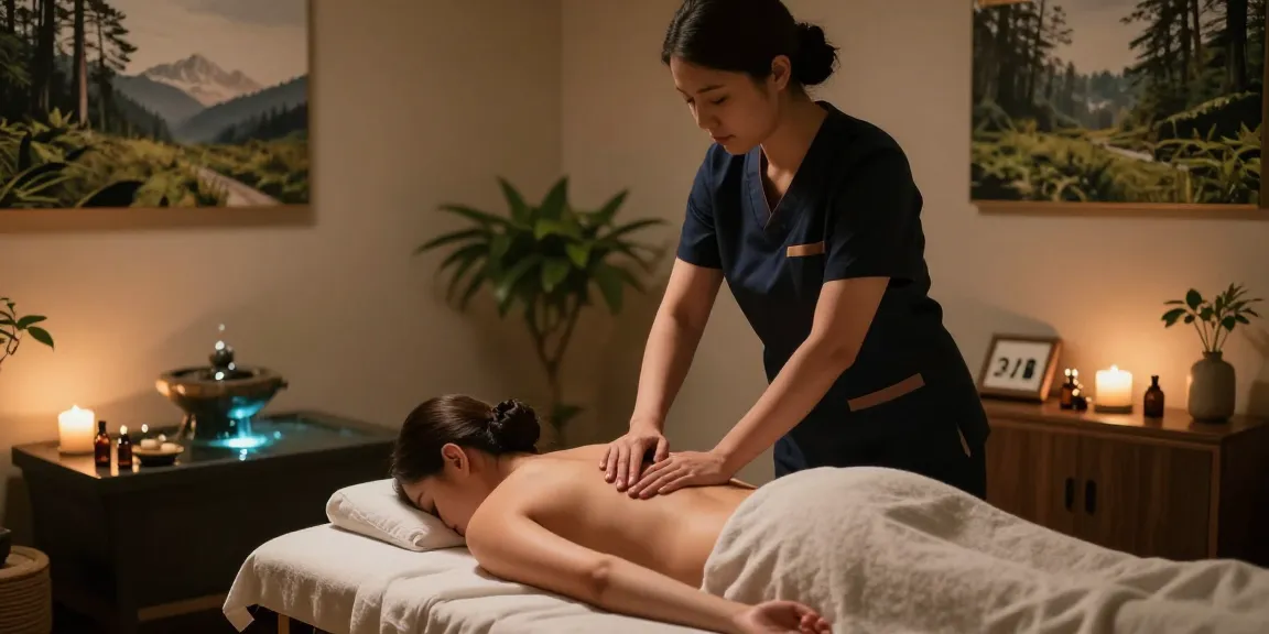 마사지 치료를 받는 모습과 편안한 분위기를 가진 마사지 룸