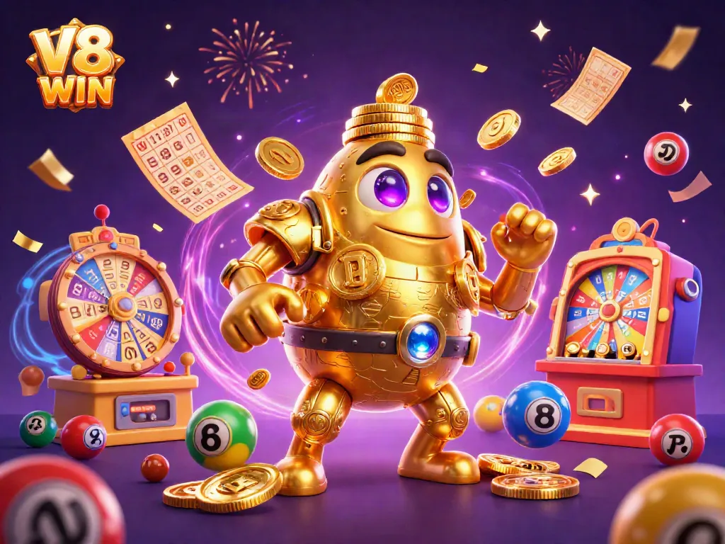 Spin to win with the vibrant V8 WIN golem and dynamic lottery elements in a 3D carnival.