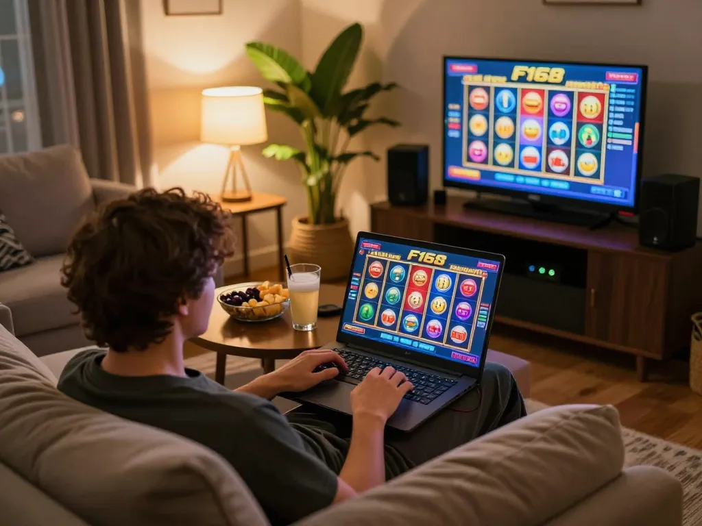 Person enjoying F168 online slots game on laptop in a cozy home setting.
