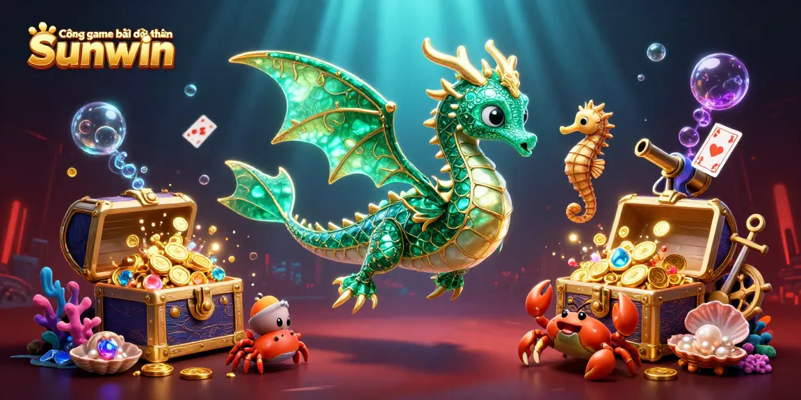 Cổng game bài đổi thưởng Sunwin showcases an exciting underwater scene with a magical sea dragon, vibrant treasures, and gambling elements.