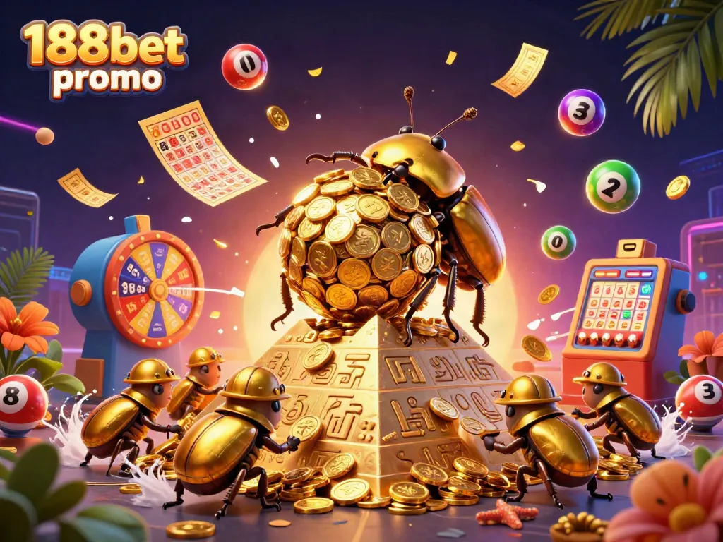 Engage with the vibrant 188bet promo featuring playful golden beetles amid casino symbols and prizes.
