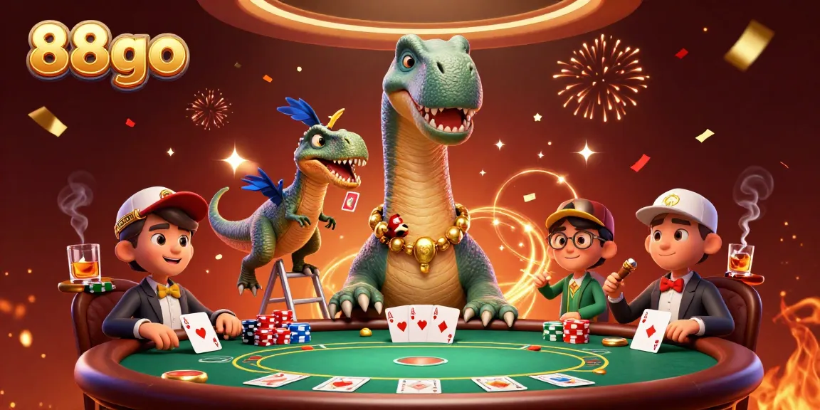 Experience exciting 88go card games as a raptor deals cards amid a lively casino scene.