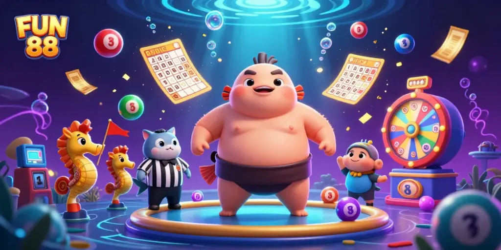Engage with FUN 88's dynamic lottery scene featuring a vibrant underwater casino atmosphere.
