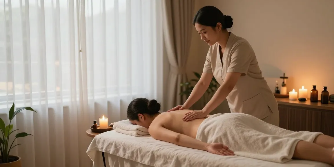 대전마사지 전문가가 편안한 마사지룸에서 고객에게 스웨디시 마사지를 제공하는 모습