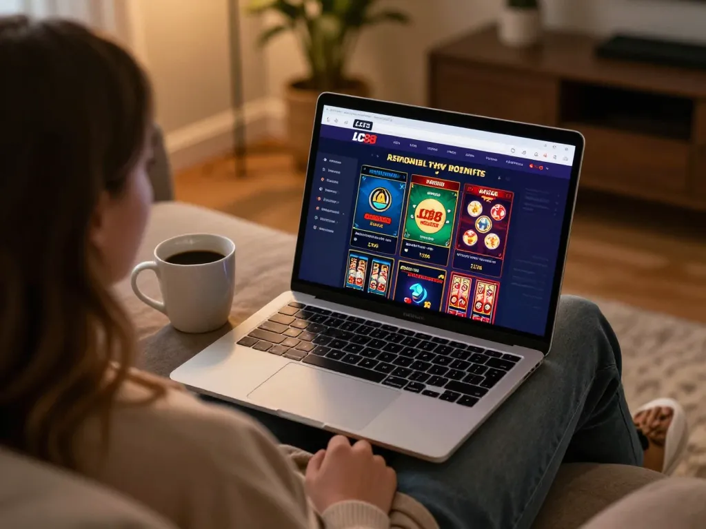Engaging with LC88 online gaming platform from home, showcasing a strategic betting environment