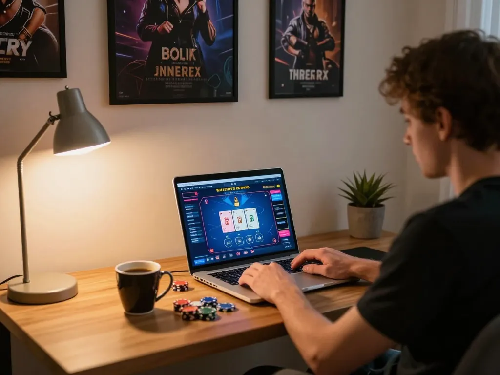 Player engaging in topgamebai poker online, showcasing strategy and excitement in a cozy home setup.