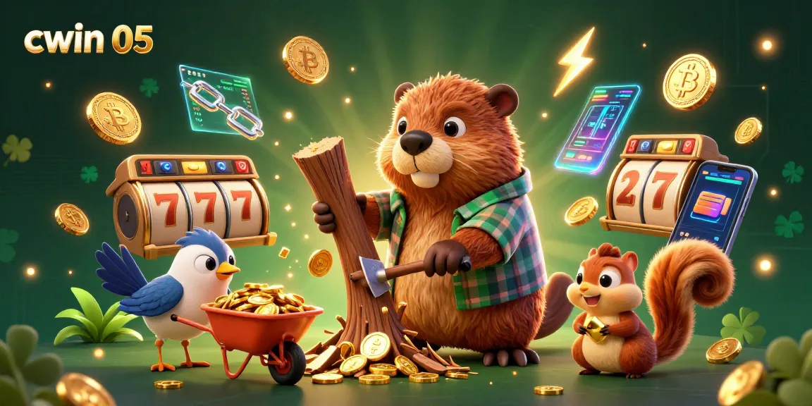 Experience the excitement of cwin 05 with golden coins raining down from a beaver's tree chop in this vibrant casino illustration.