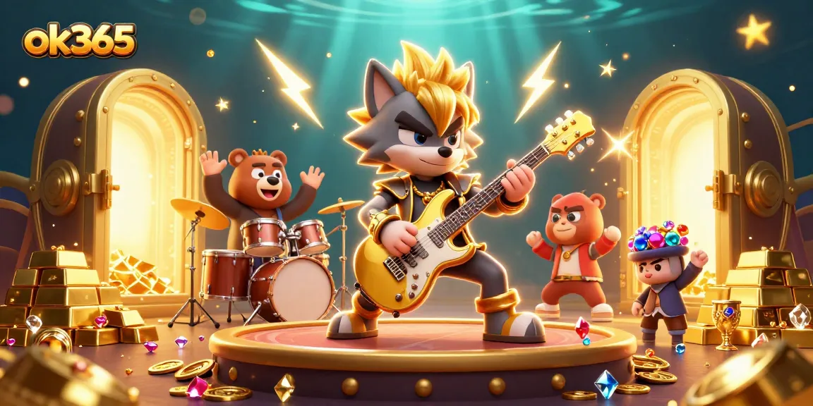 Experience thrilling action at ok365 with a wolf rocking out on stage surrounded by golden treasures.