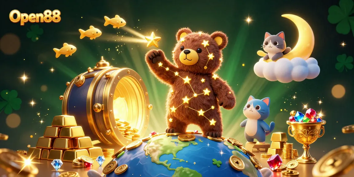 Experience the excitement of Open88 as the constellation bear scoops coins while treasures abound in this vibrant casino scene.