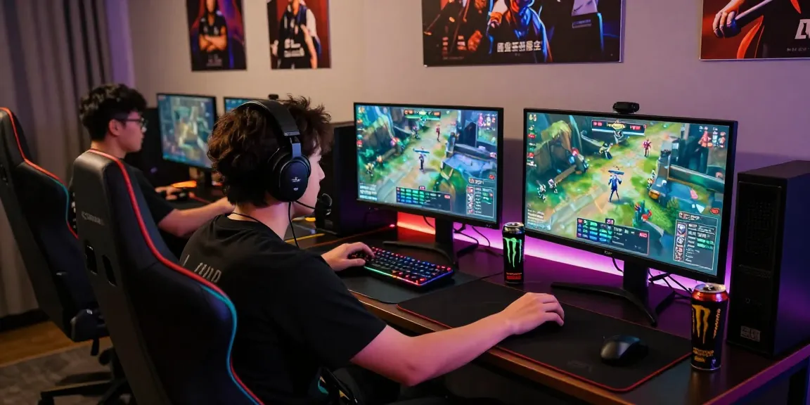 Gamer focused on competitive play at https://go99vn.city/ with high-tech setup and vibrant atmosphere.