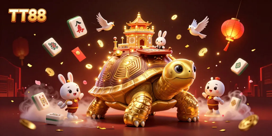 Experience the thrill of TT88 with a golden tortoise casino and rabbit dealer in a vibrant 3D scene.