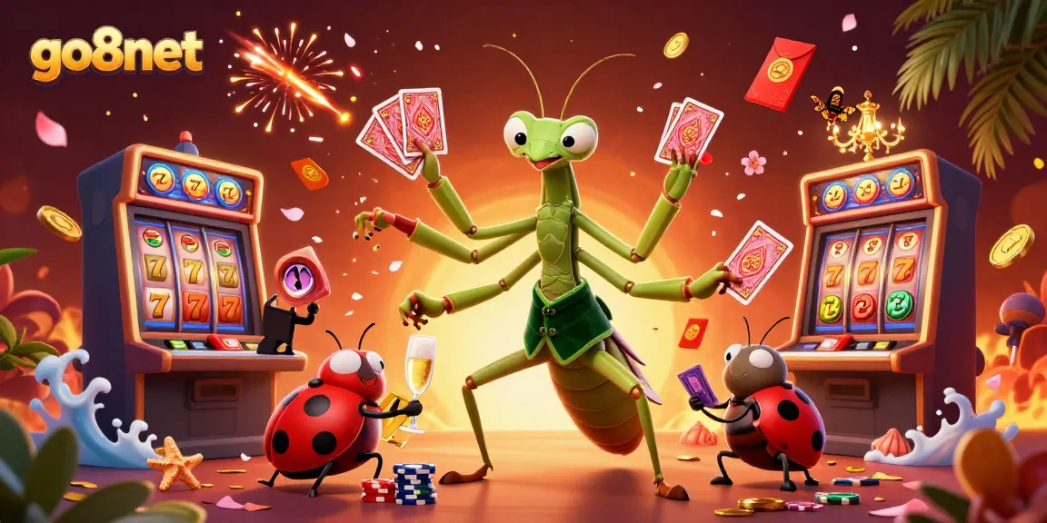 Experience high-stakes play at go8net with a cartoon mantis dealer and ladybug pit boss.