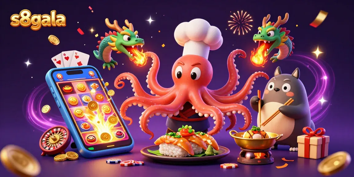 S8gala players enjoy a vibrant casino scene with a sushi chef octopus and dragon amid golden slots, cards, and festive confetti.