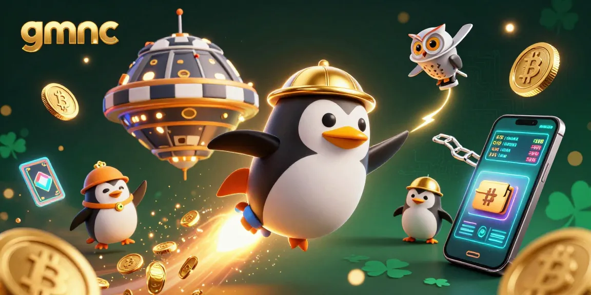 Experience the gmnc advantage in a vibrant 3D casino-themed illustration featuring a penguin and crypto coins.