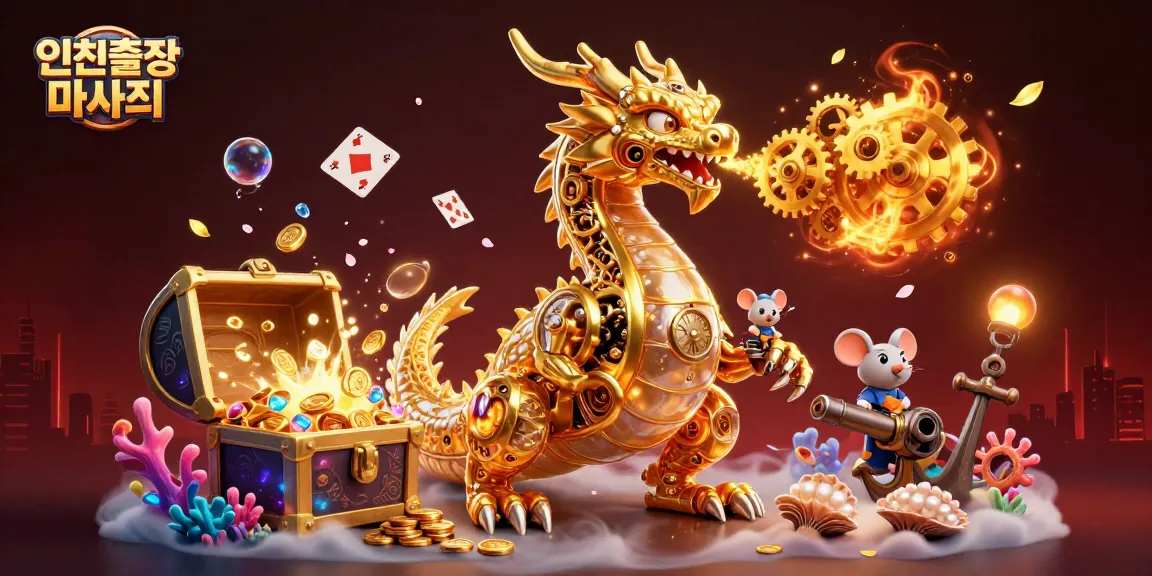 Engage with 인천출장마사지 through a vibrant 3D scene of a golden dragon amidst casino elements and treasures.