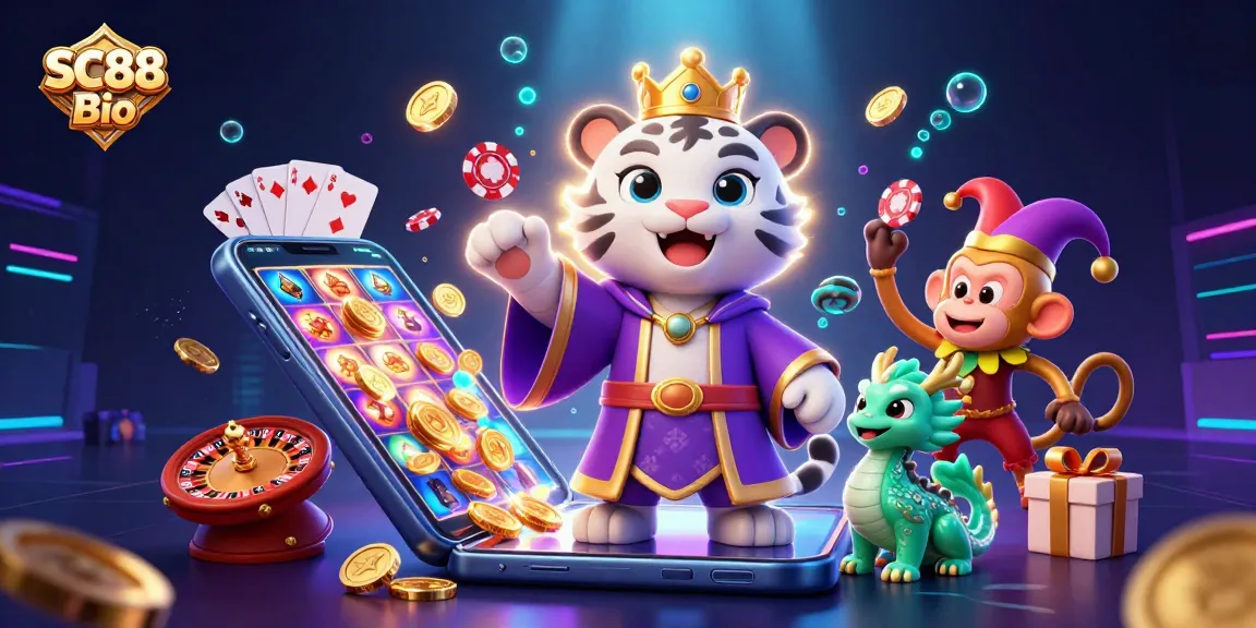 Experience the dynamic world of SC88 Bio with an engaging illustration of a royal tiger and playful monkey in a vibrant casino setting.