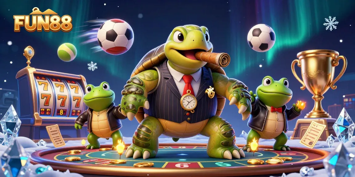 Experience FUN88 with a snapping turtle mobster amidst dynamic slot reels and casino action.