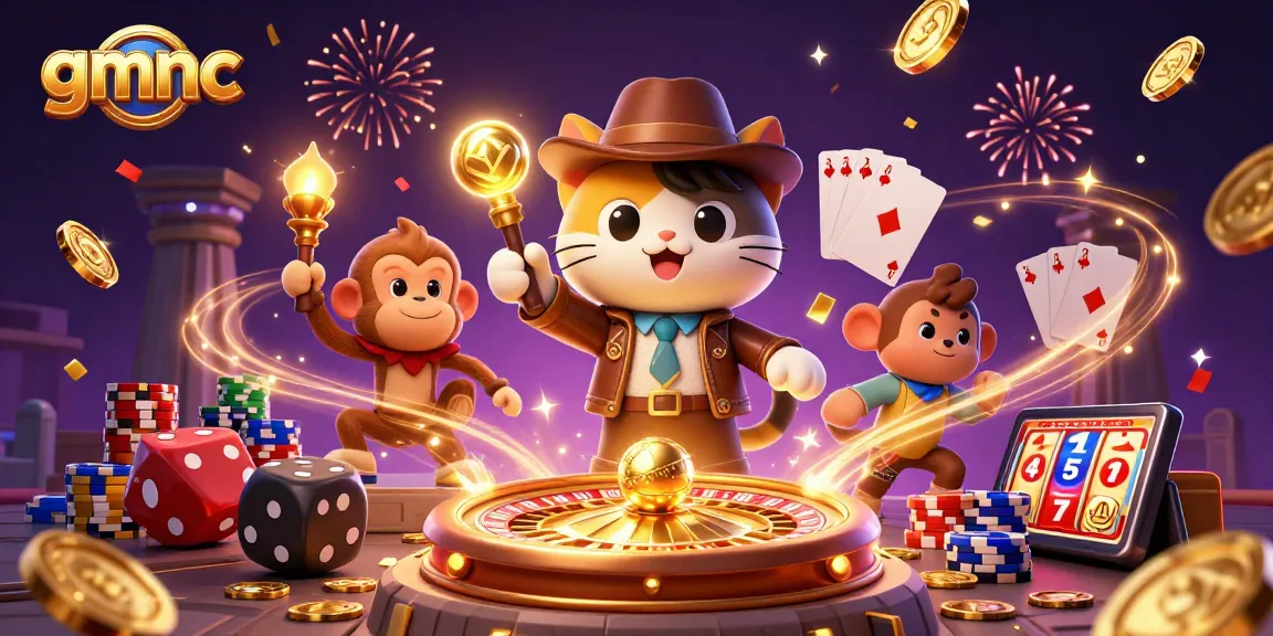 Experience gmnc's thrilling casino adventure with a cat explorer discovering gaming treasures.